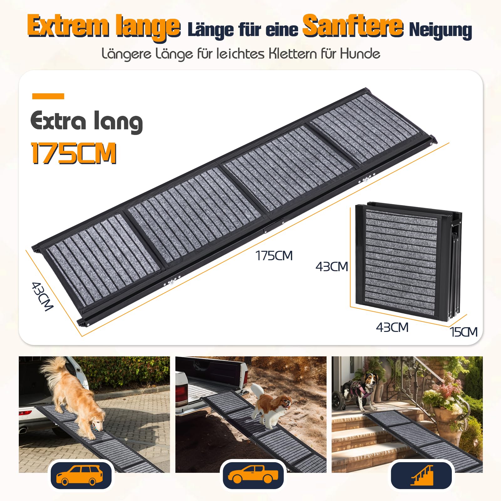 Rampe de voiture extra longue, pliable, pour grands chiens, avec surface de tapis antidérapante, portable et pliable, pour grands chiens, 170 cm de long x 43 cm de large
