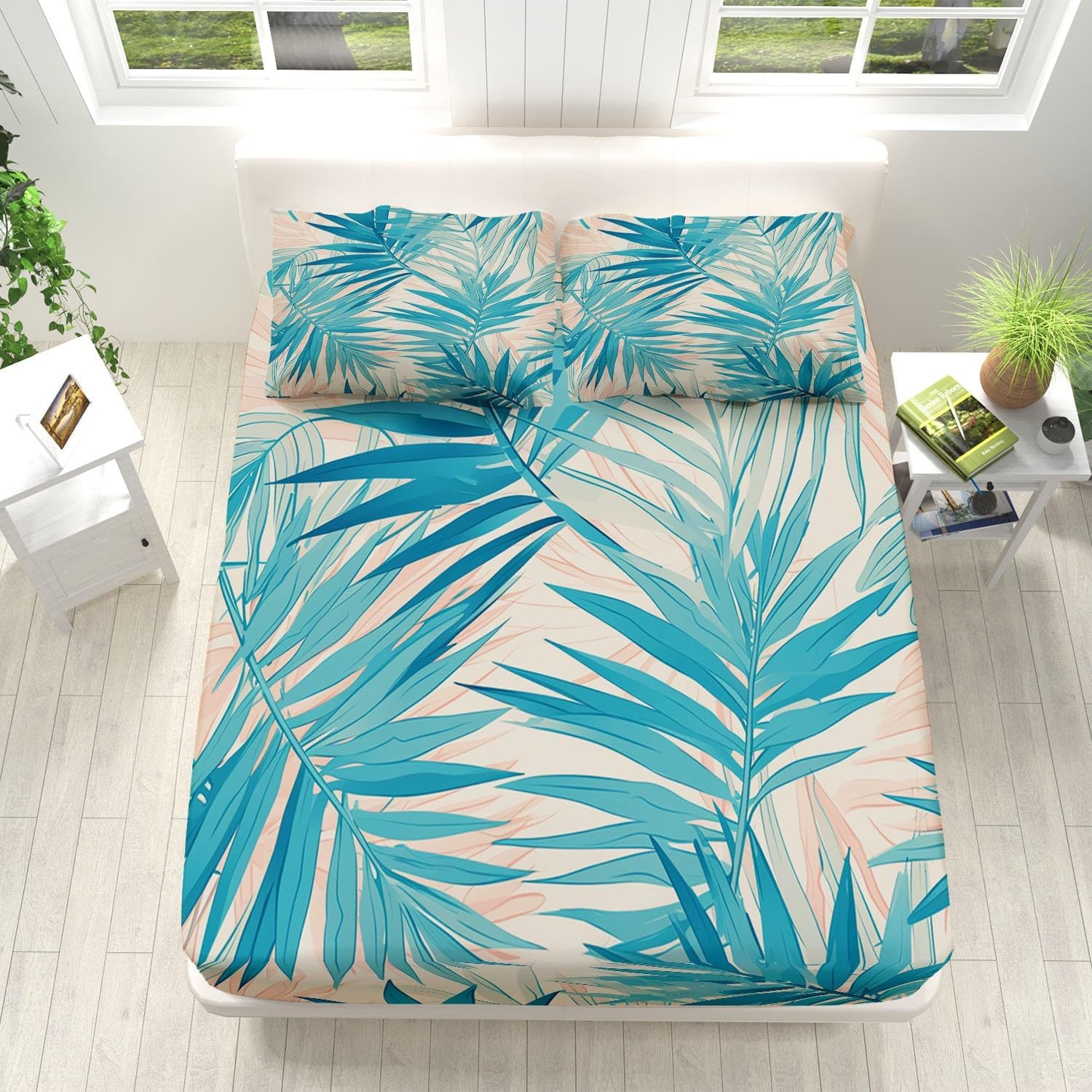 Print Fitted Sheet Set Queen Size for Kids Boys Girls, Bed Sheets Leaf, Plant Pattern Fitted Sheet Adults Flat Sheet Soft Luxury, Home Room Decor 4Pcs