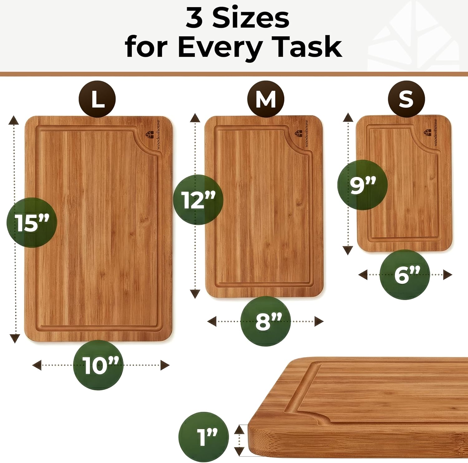 Set of 3 Bamboo Cutting Boards for Kitchen - Thick & Durable Wood Cutting Boards Set with Deep Juice Grooves & Build-in Handles, Large Surface, Easy to Clean – for Meat, Vegetables and Fruits
