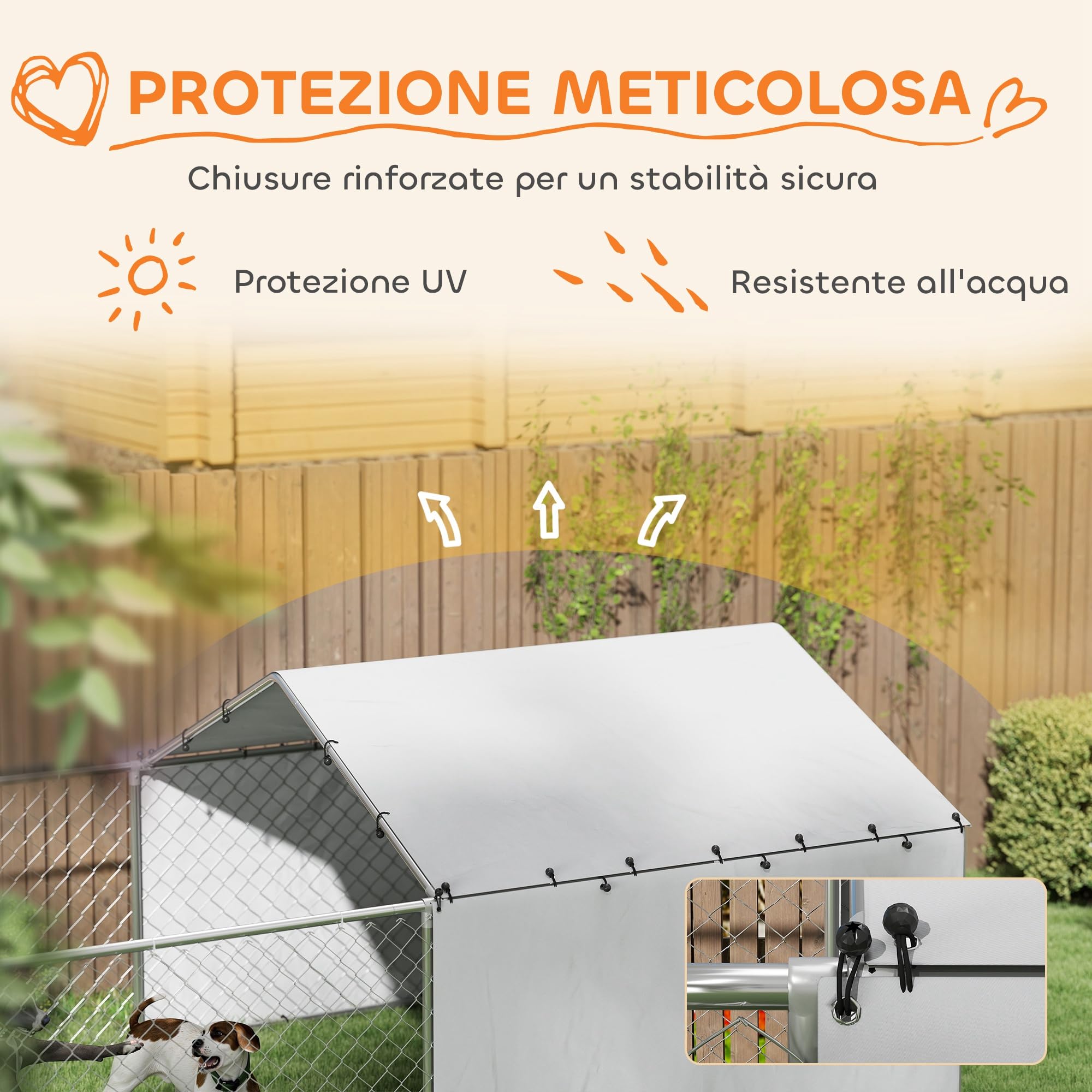 PawHut Kennel Clôture pour chiens d'extérieur avec toit anti-UV imperméable et bols rotatifs, boîte de rangement pour chiens de taille moyenne et grande avec porte avec verrouillage en acier, 400 x