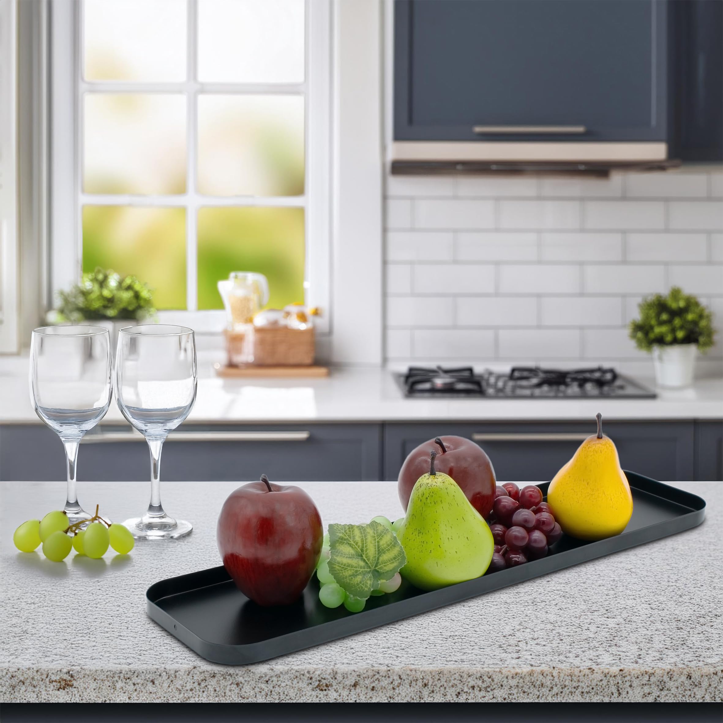 Metall Kerzentablett schwarz - 50 cm x 13 cm - Dekotablett recheckig mit Rand - Deko Teller Servier Geschenk Kerzen Tablett