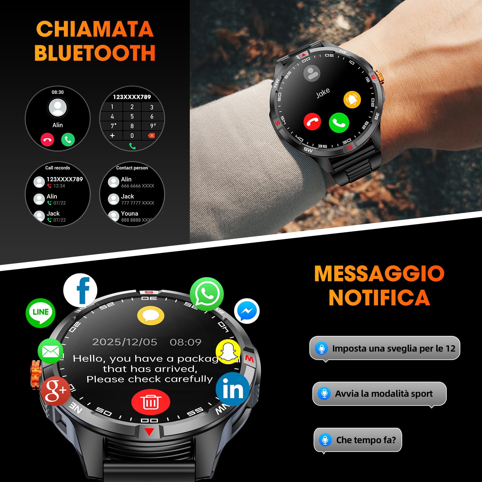 Smartwatch militare da uomo, grande capacità, batteria da 1000 mAh, schermo HD da 1,46", con monitoraggio chiamata/sonno, modalità multi-sport, fitness tracker, per Android/iPhone