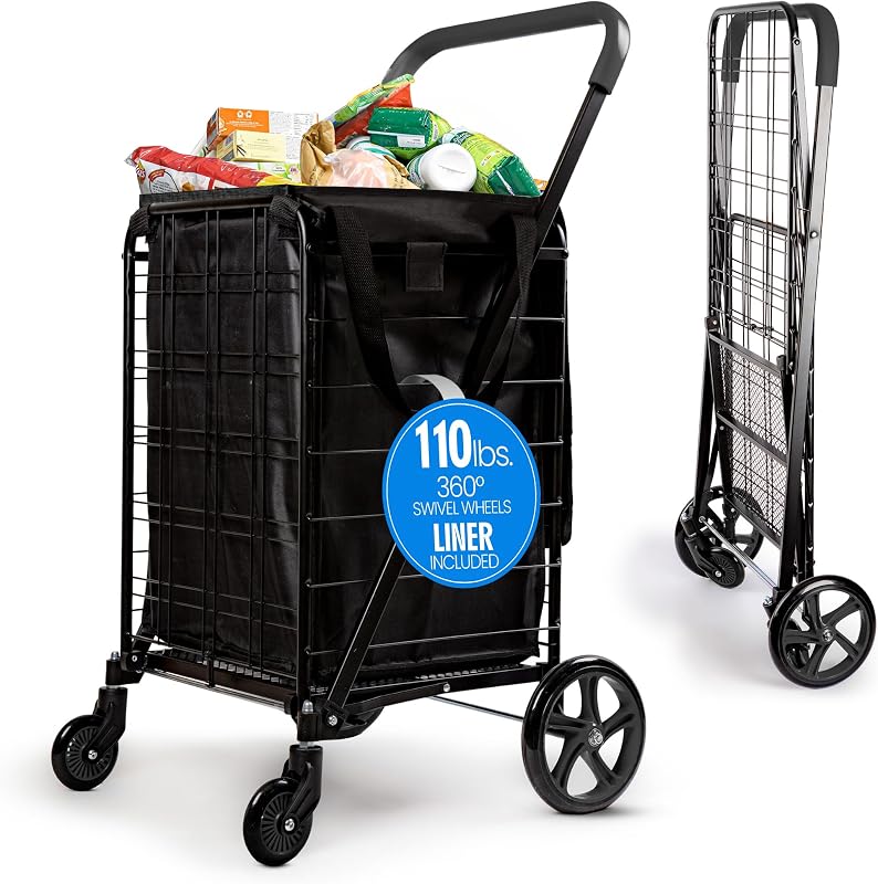 SereneLife Carrito de compras plegable grande con forro extraíble – Servicio pesado, ruedas giratorias de 360°, capacidad de 110 lb, portátil para comestibles, lavandería, equipaje y más (negro)