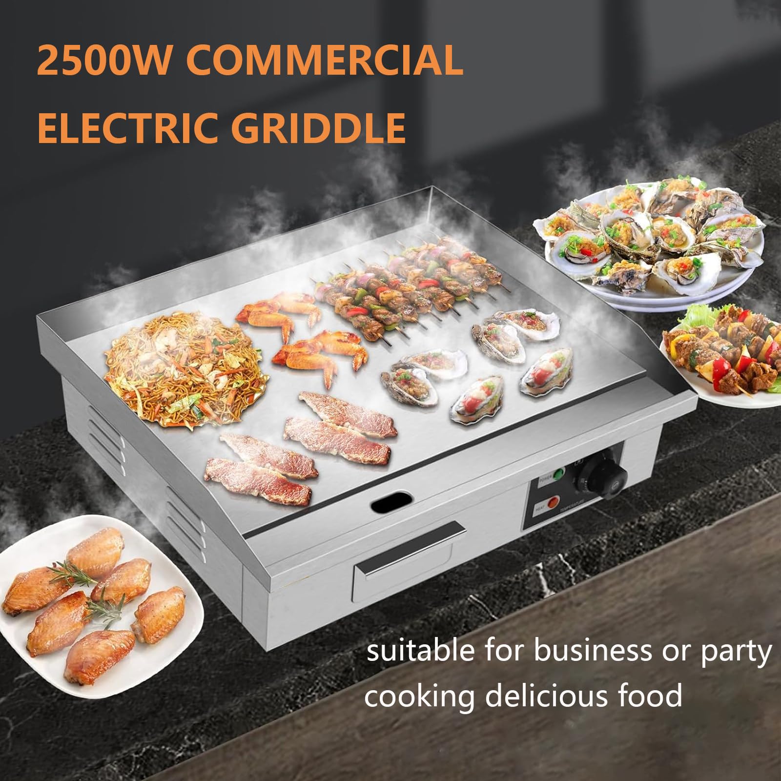 Piastra Elettrica Commerciale, Griglia Teppanyaki da 17", Griglia Elettrica A Piano Piatto da 2500w, Piastra Elettrica da Banco in Acciaio Inox, Piastra da Banco da 50-300℃