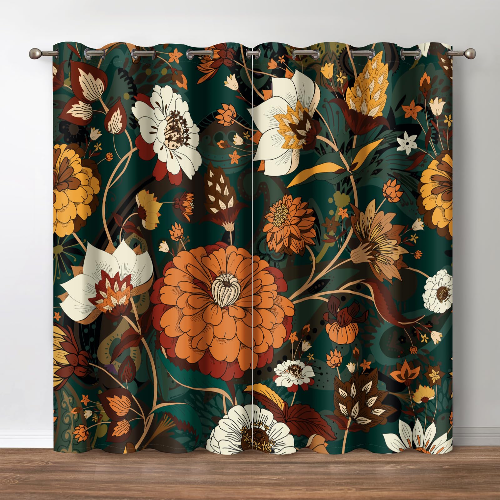 Jekeno Boho Floral Blackout Curtains Mid Century Morden Abstract Bohemian Flowers Print Drapes Decor Home Apartment Bedroom Living Room Darkening