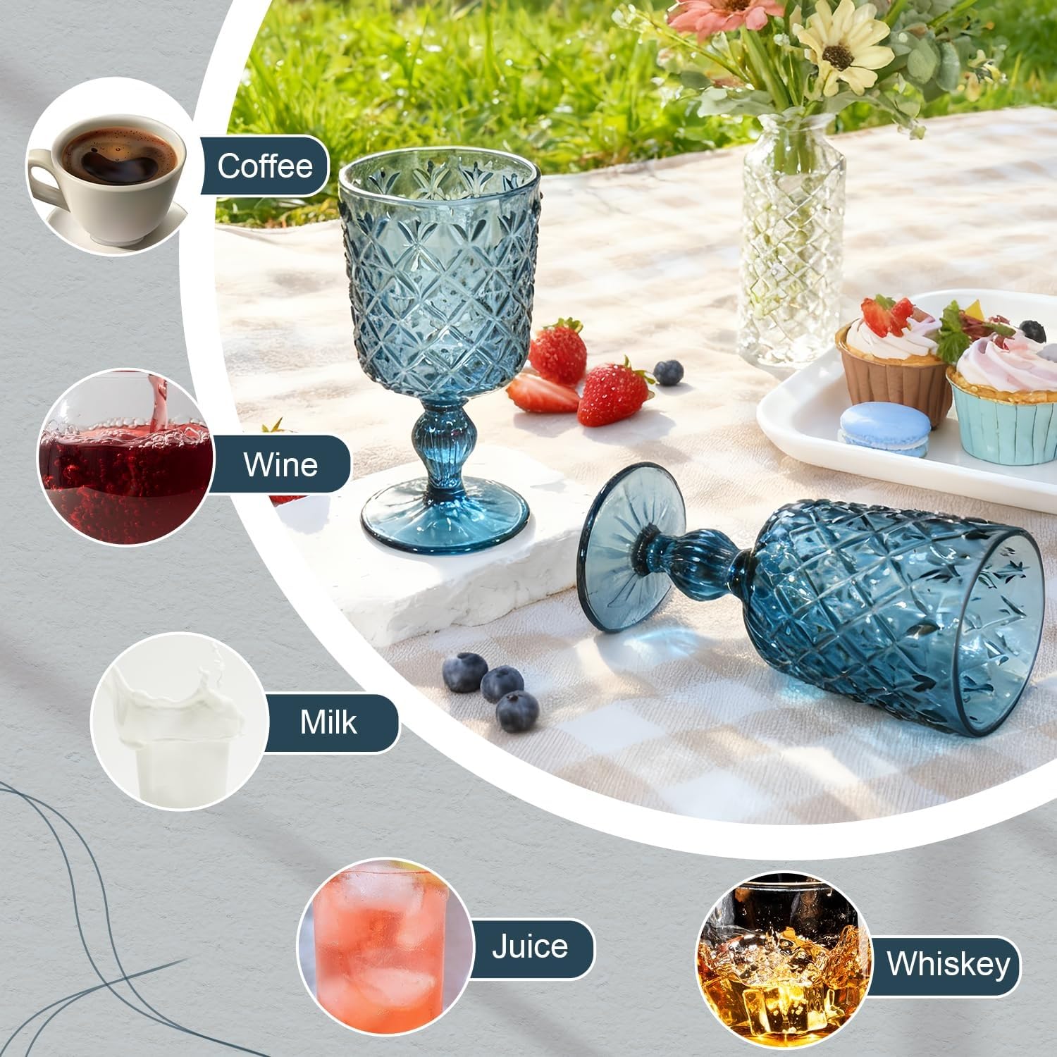 Blaue Weingläser im Vintage-Stil, 6 Stück, 340 ml, farbige Glaskelche mit geprägtem Blumenmuster, spülmaschinenfest for die Hochzeit, Party, Bar Getränkebecher