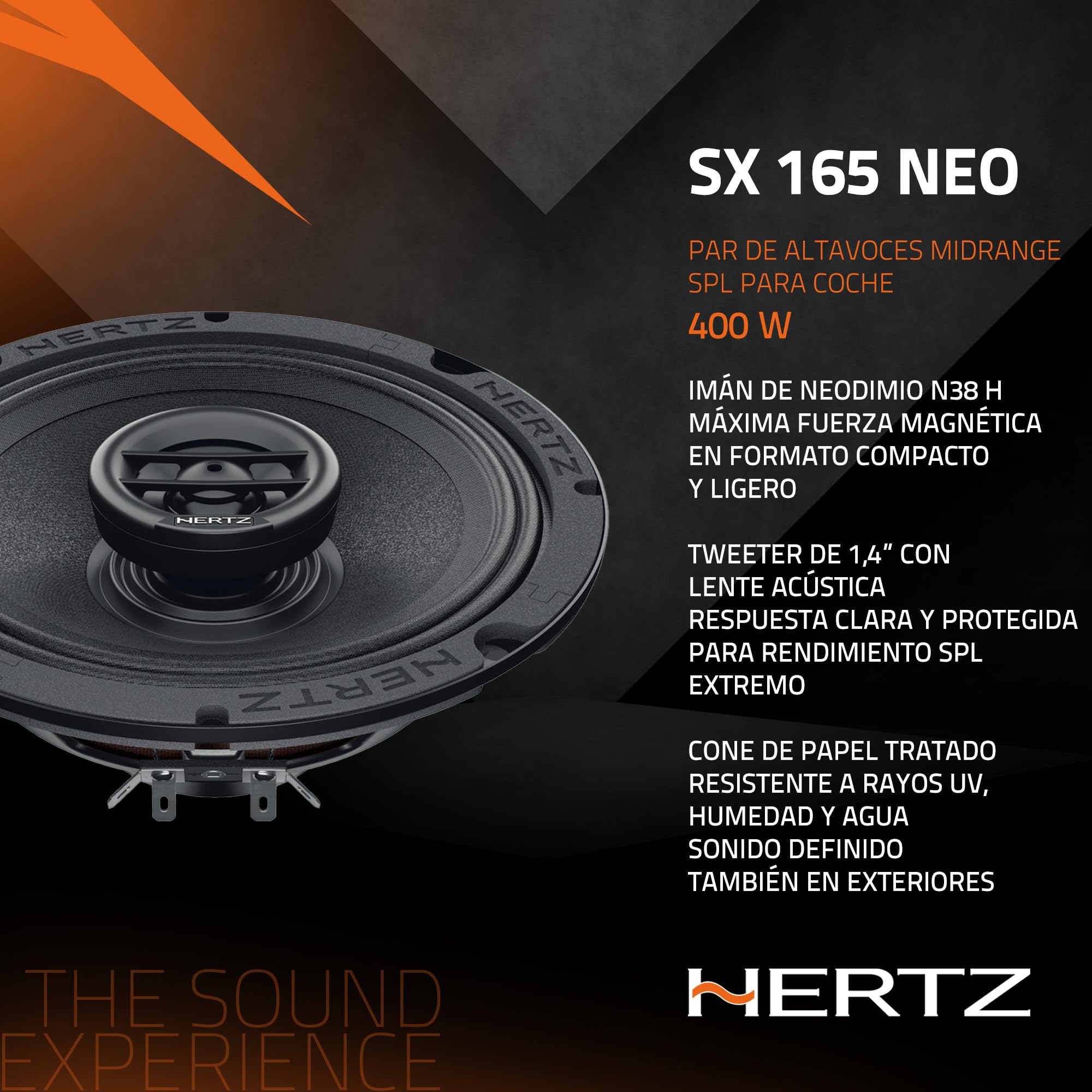Hertz SX 165 Neo par de Altavoces coaxiales de 2 vías 165 mm, 200 W | papel prensado hidrófugo, tweeter PEI 35 mm, 6,5 pulgadas, 100 W RMS, 4 Ohm, 96,5 dB, 100-20000 Hz, imán de neodimio