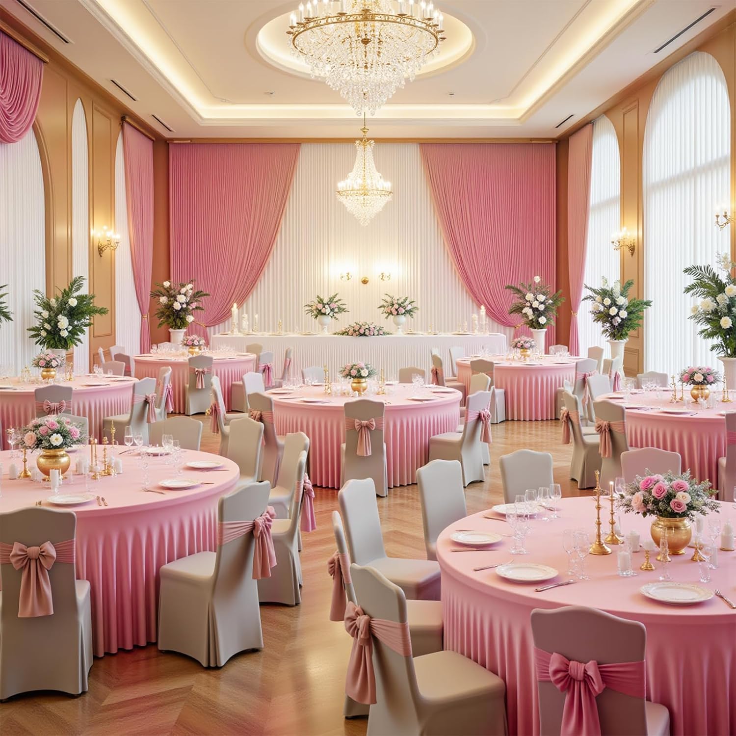 4 Pack Pink Round Spandex Tablecloth for 60 Inch Round Table, 120 Inch Stretch Fitted Tablecloth, Wrinkle-Free Table Cover with Skirt for Birthday, Wedding, Banquet, Party Decor