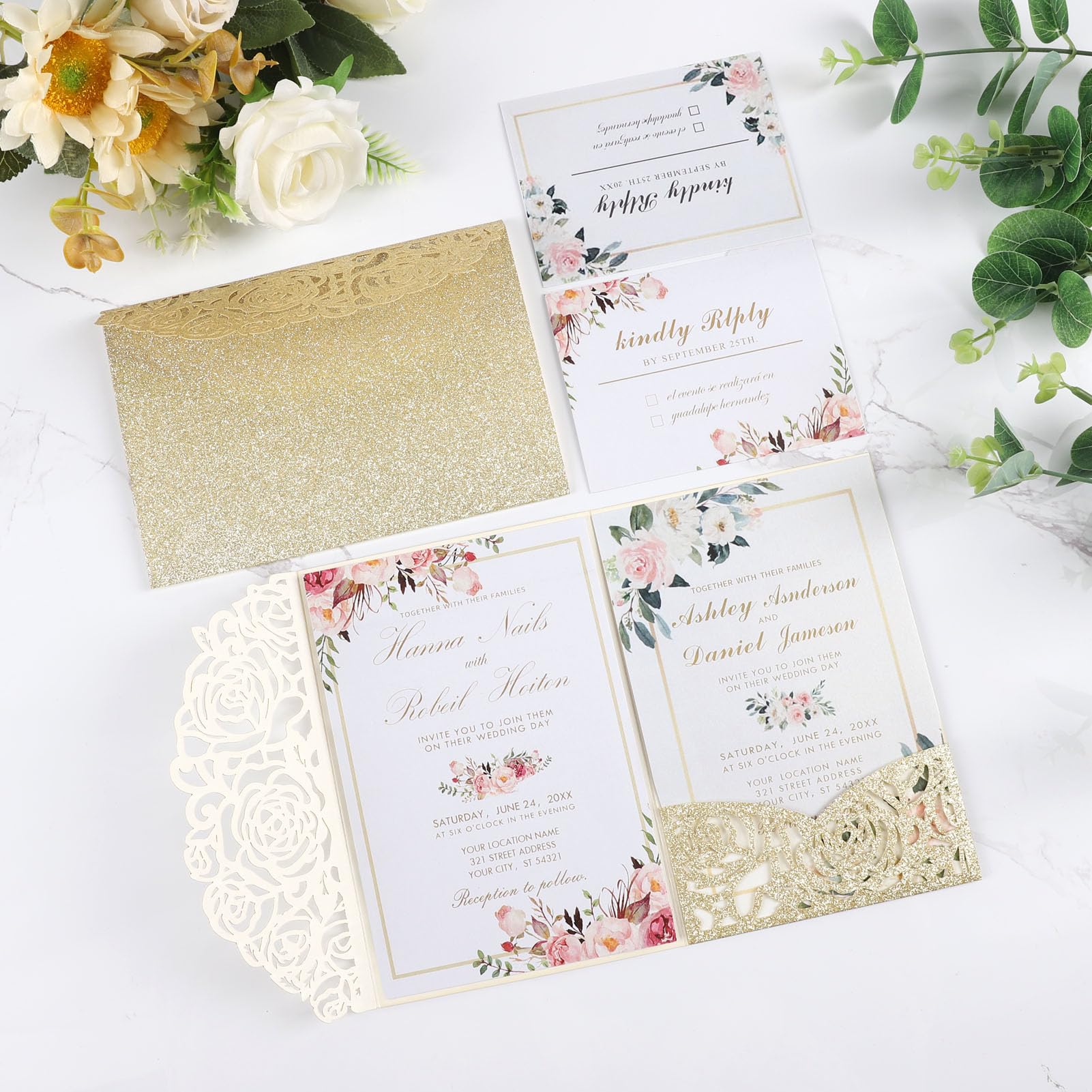 Quinceanera-Einladungs-Set für Verlobung, Geburtstag, Quinceanera, goldfarben, lasergeschnitten, mit Umschlägen und RSVP-Karten, dreifach gefaltet, goldfarben, glitzernd, 25 Stück