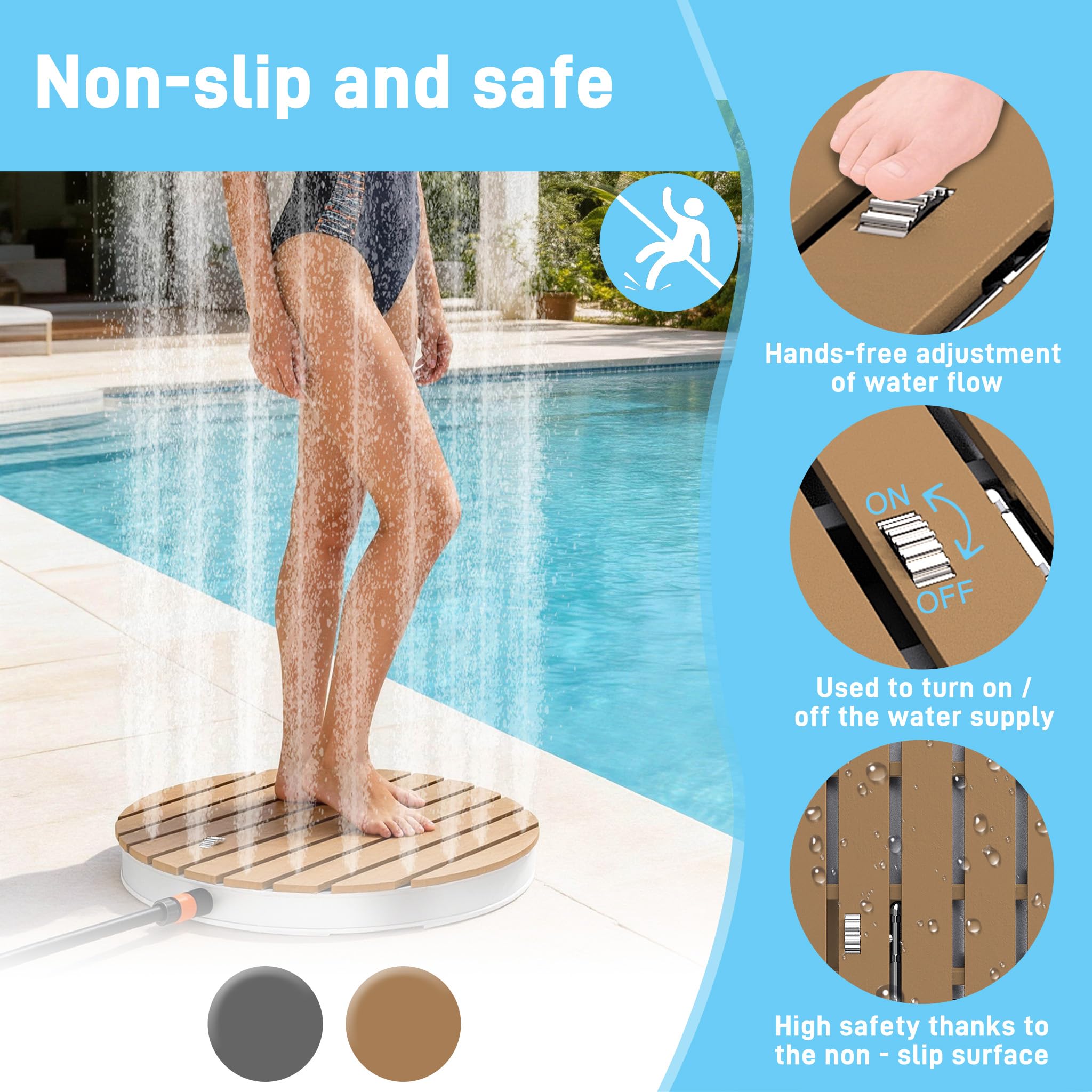 UISEBRT WPC Gartendusche Bodendusche mit Fußrad bis 4 m Fontänenhöhe,rutschfest wetterfest Frost- & UV-Beständig Außendusche für Pool, Camping, Sauna, Hundewäsche,Braun Rund (Ø 70cm)
