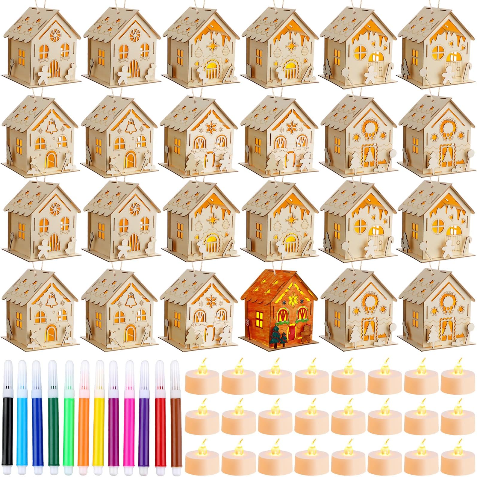 Spiareal 24 Sets DIY Gingerbread House Wooden Tealight Holder Kits Luminous Wooden Xmas Houses with Watercolor Pens and LED Flameless Candles for Kids Christmas Decorations Crafts Project Bulk