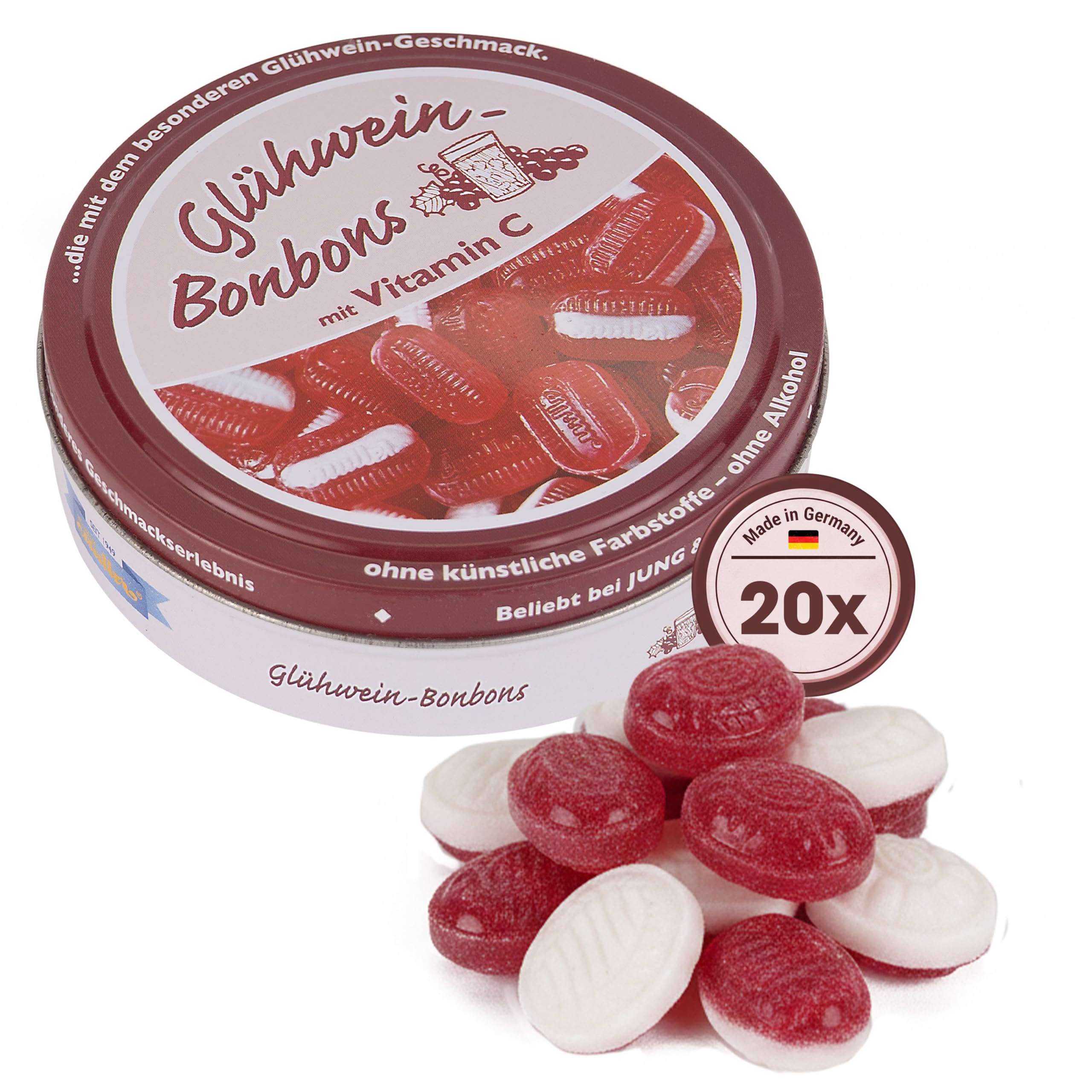 Glühweinbonbons 100 g Dose – alkoholfreie Gewürz-Bonbons mit traditionellem Glühwein-Geschmack, aromatisch nach Zimt & Nelke, ideale winterliche Nascherei, Geschenk- und Mitbringsel - 2000g