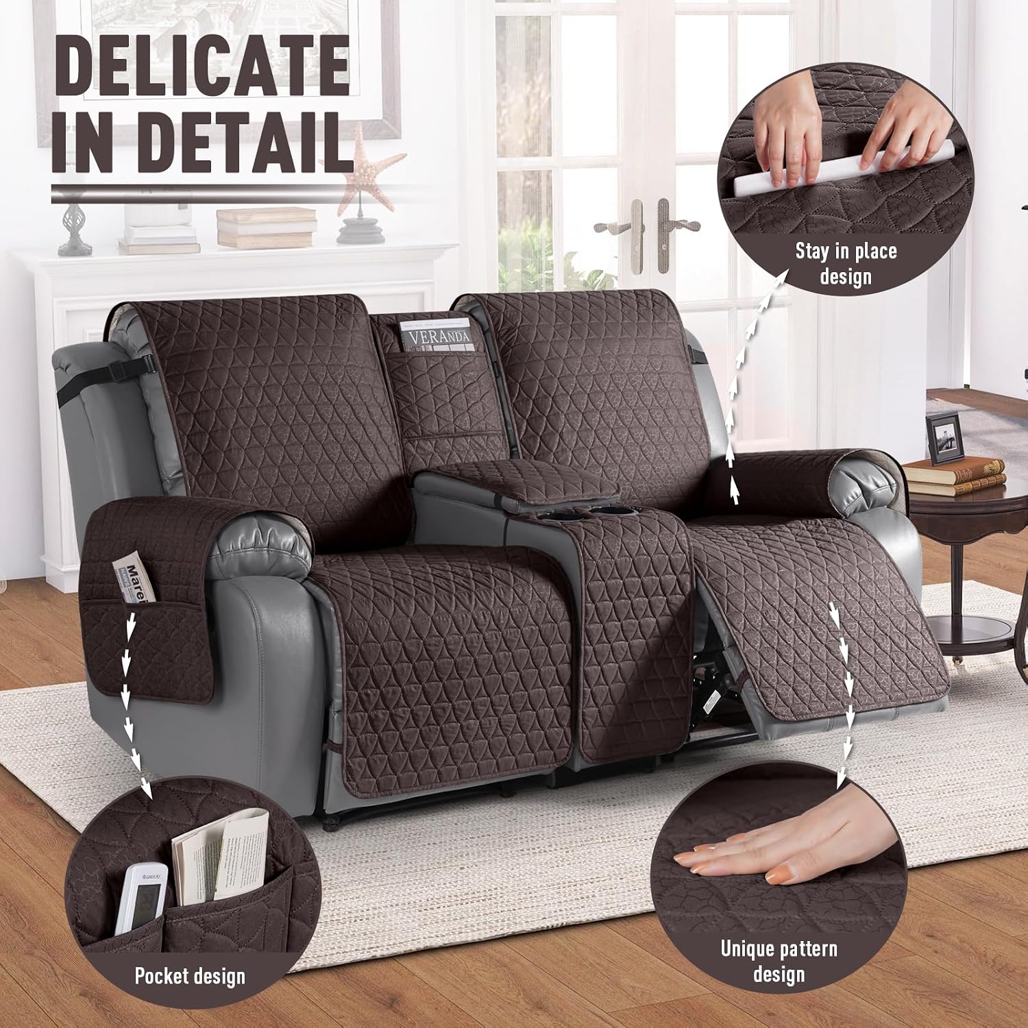 TAOCOCO 100% Waterproof Loveseat Recliner Covers with Console, Non Slip Recliner Covers that Stay in Place, Split Seat Design Washable Reclining Loveseat Cover with Elastic Straps, Chocolate