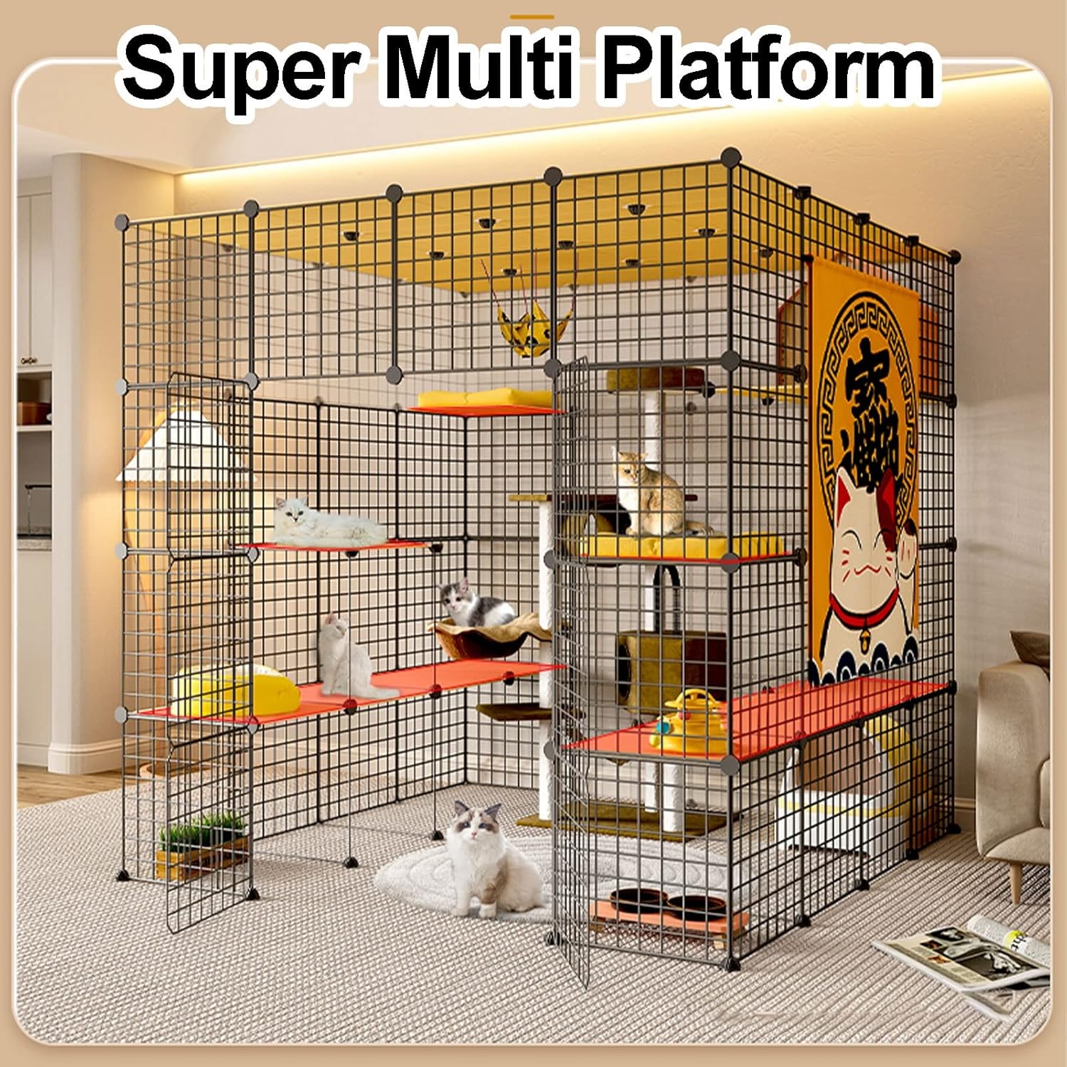 Cat Cage Indoor Large Cat Enclosures DIY Cat Playpen Detachable Metal Pet Crate with Platforms Multi-Tier Catio Cat Fences Ideal for 1-4 Cats Or Small Animals (A 219 * 182 * 75 Cm)