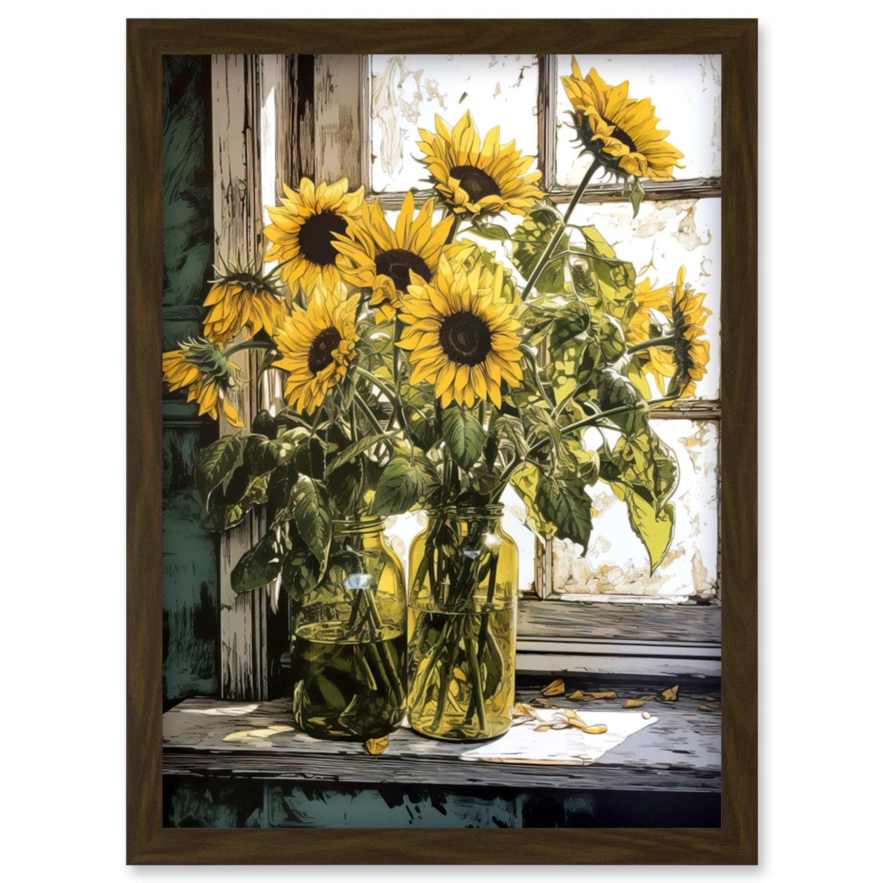 Artery8 Sunflowers Still Life Watercolour Painting Yellow Flowers Farmhouse Window Sill Artwork Framed Wall Art Print A4
