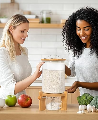 Miniatura 6 de HBlife Dispensador de arroz de vidrio de 5 a 7 libras con soporte de madera, contenedor de harina y cereales con taza medidora de vidrio, despensa,