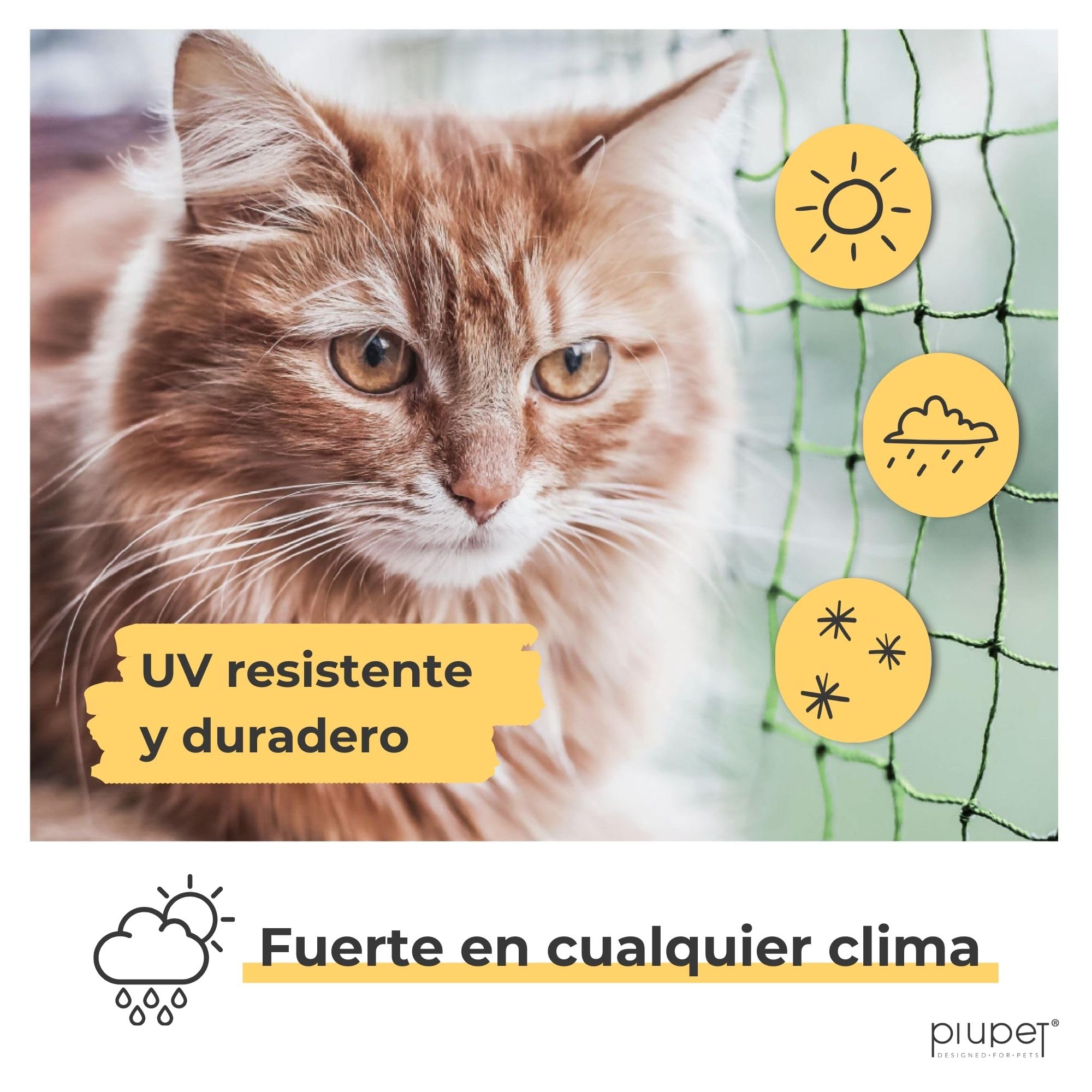 PiuPet - Red para gatos reforzada con alambre de hierro I, 4 x 3 m, color verde I kit de fijación incluido I red para gatos para balcón | Rejilla para gatos