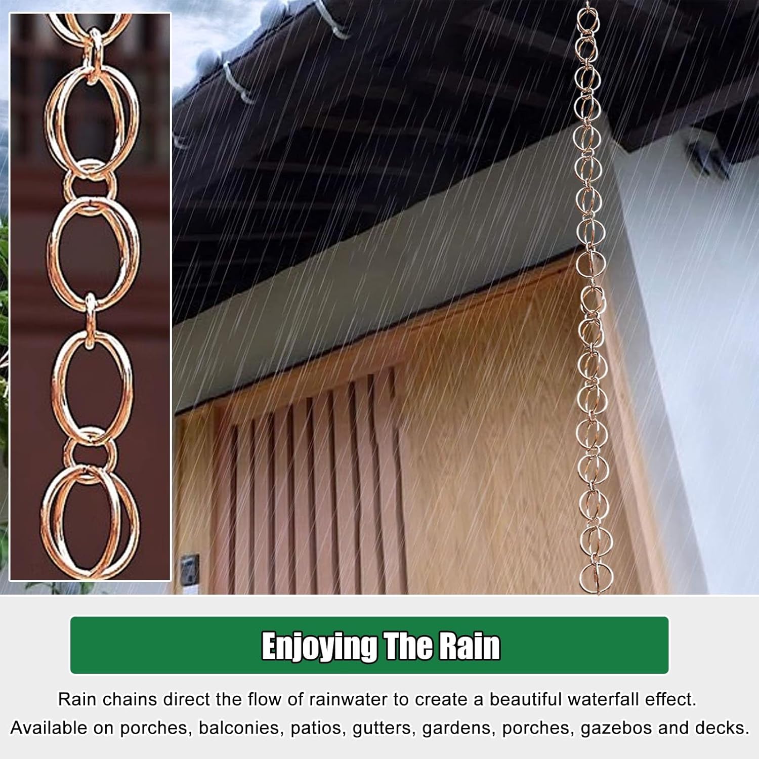 Outside Gutters Rain Chains 9 Ft 10 Ft 12 Ft, Ring Copper Decor Rain Chain Replacement Downspout, Home Rain Water Catcher System, Garden Ornament(Color:B,Size:4.5m/14.7ft)