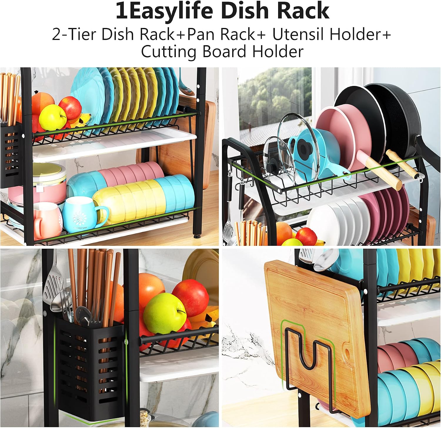 Dish Drying Rack, 1Easylife 3 Tier Dish Rack for Pots and Pans, Stainless Steel Dish Drainer with Utensil Holder Cutting Board Holder and Removable Drain Tray for Kitchen Counter Organizer