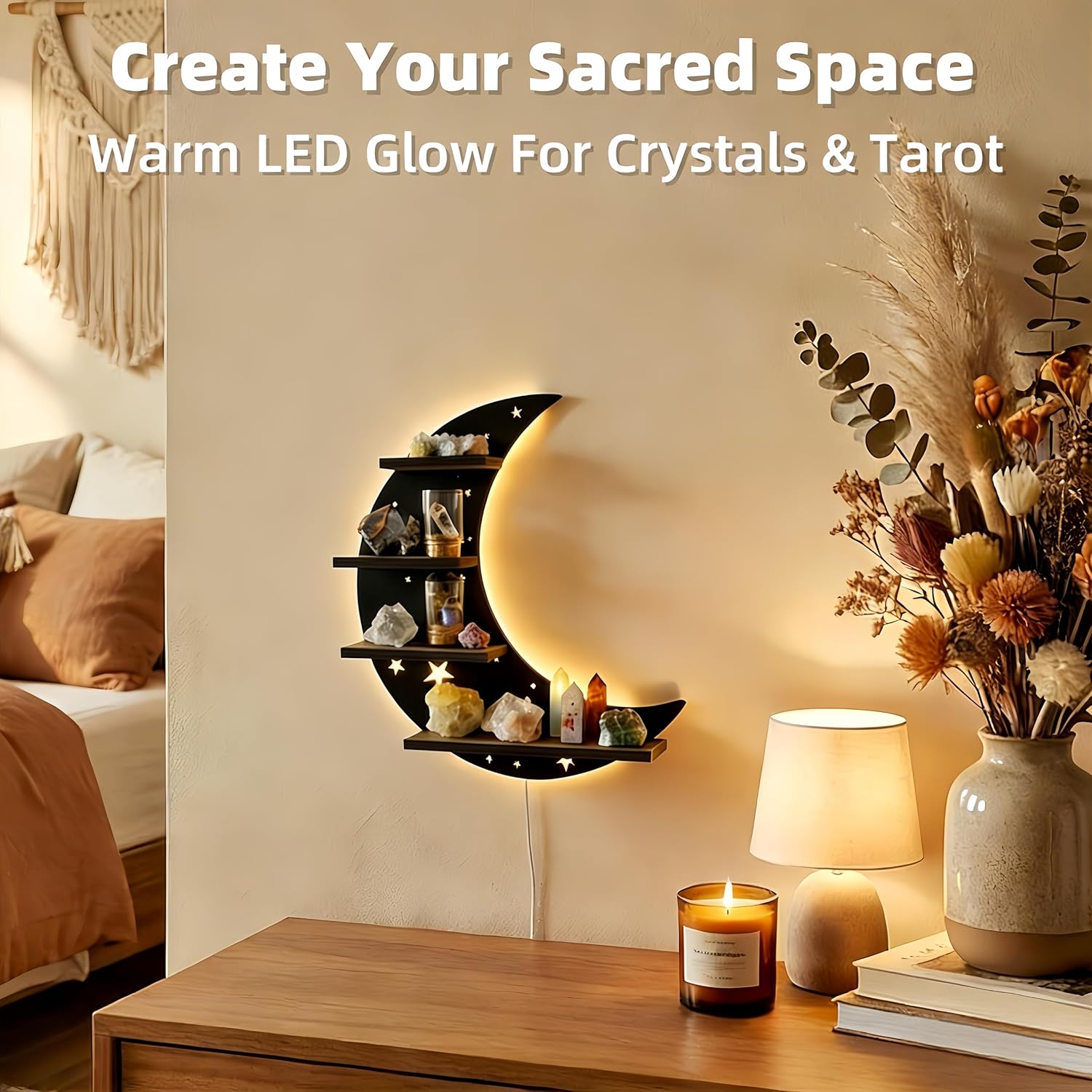 Moon Shelf with LED Light – 12" Moon Wall Light Floating Shelf, Witchy Decor for Bedroom, Unique, No Assembly Crystal & Trinket Display Wall Shelves for Boho Home