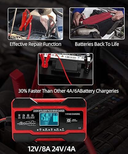 Miniatura 7 de Cargador de batería de coche de 8 amperios, cargador de batería inteligente completamente automático de 12 V y 24 V, desulfatador de batería con