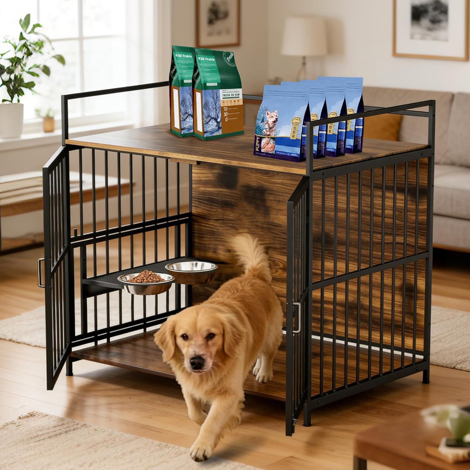 41-Inch Wooden Dog Crate Furniture for Large Dogs, Indoor Dog Kennel with Double Doors, Built-in 360° Rotating Bowls, Functional Dog Crate End Table for Home Use, Rustic Brown