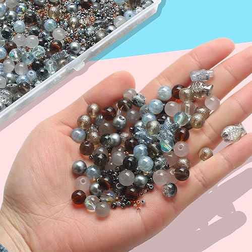 Miniatura 9 de Rired 27 760 cuentas de pulsera de cristal surtidas para hacer joyas, 8 tipos de cuentas redondas de vidrio azul glamour con cuentas de estrella,