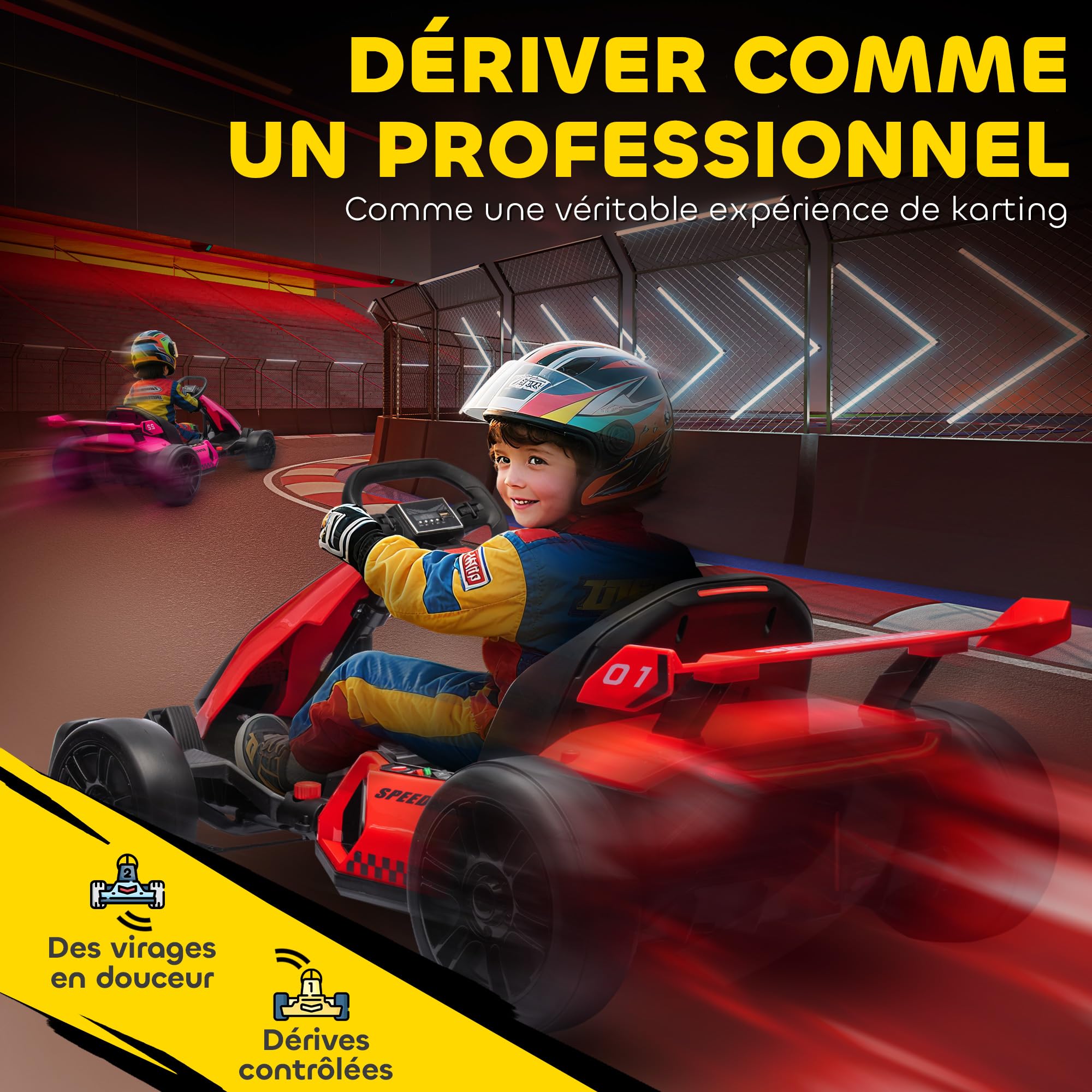 HOMCOM Kart électrique pour Enfants 24 V, 2 x 150 W, LED, Drift, Musique, 6-12 Ans, Rouge