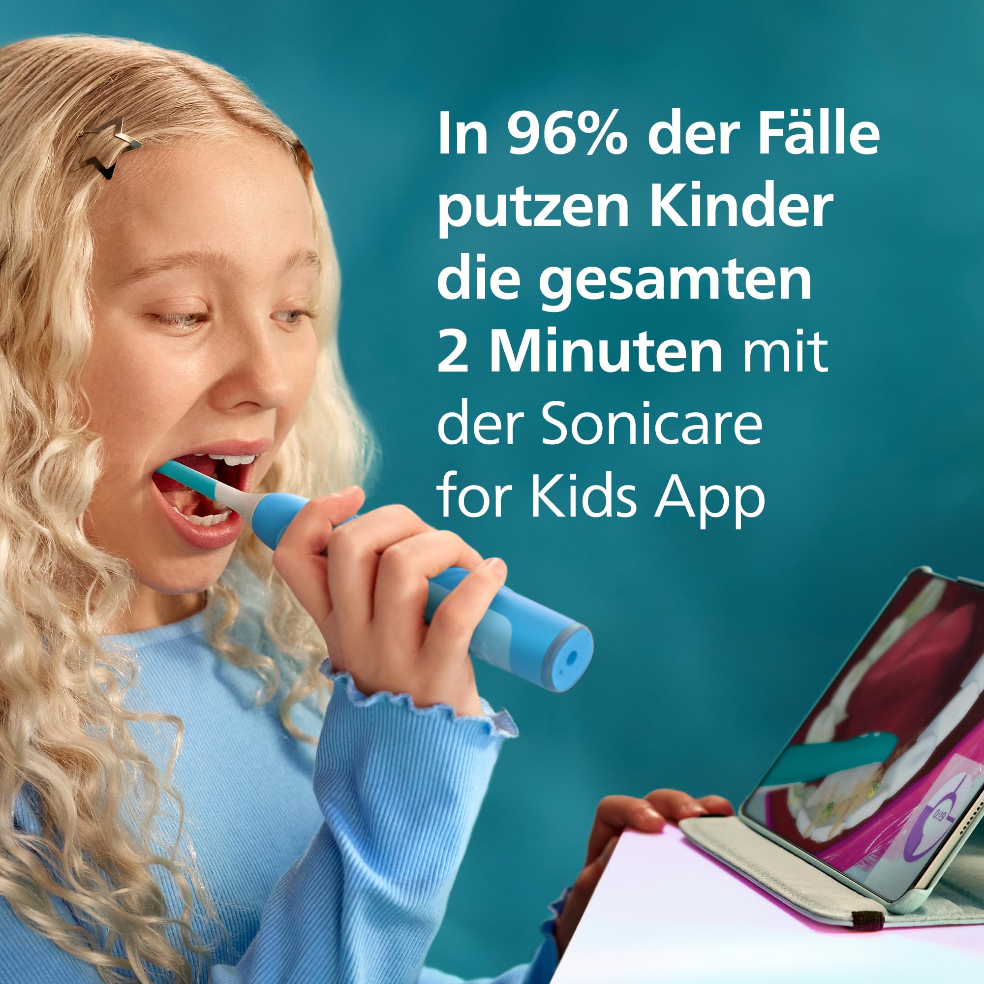 Philips Sonicare for Kids Smart elektrische Zahnbürste – Schallzahnbürste mit App, für Kinder 3+, 2 sanfte Putzprogramme, 2-Minuten-Timer, 2 Bürstenköpfe (Standard + Mini), Blau, Modell HX6600/52