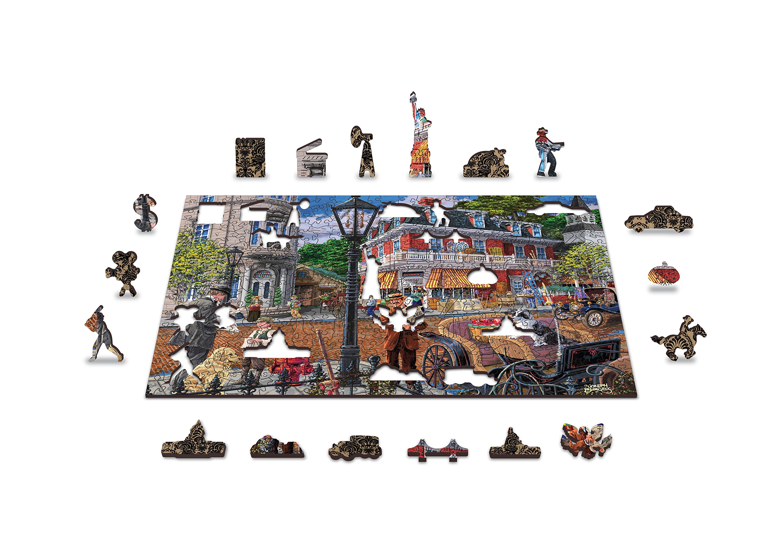 Wooden.City 505 +5 Piece Drewniane Puzzle Main Street - Drewno Nostalgia Jigsaw Puzzle Dla Dzieci I Dorosłych - Zabawa Vintage Retro Puzzles Z Niezwykłymi I Unikalnymi Ukrytymi Kawałkami W Kształcie Zwierząt - Duża Puzzle