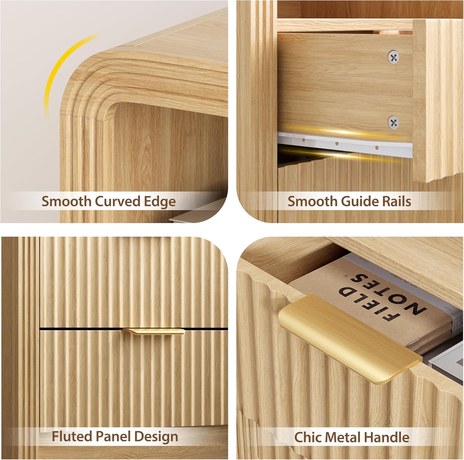 Size 19.7 Color brown Fluted Nightstand with Charging Station, 19.7'' Wide Morden End Table with USB/Type-C Ports, 2 Drawers & Open Shelf, Curved Profile Design, Wood Bedside Table for Bedroom (Natural Oak)