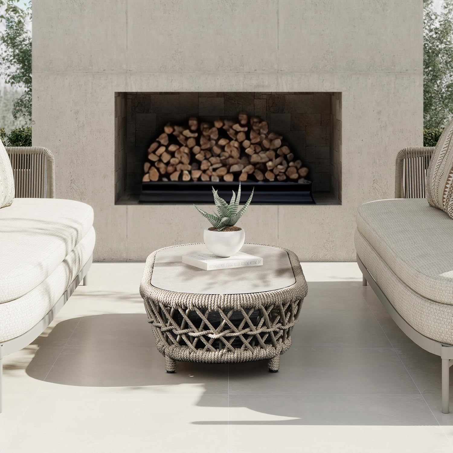 43.5" Oval Woven Patio Coffee Table Light Beige Olefin