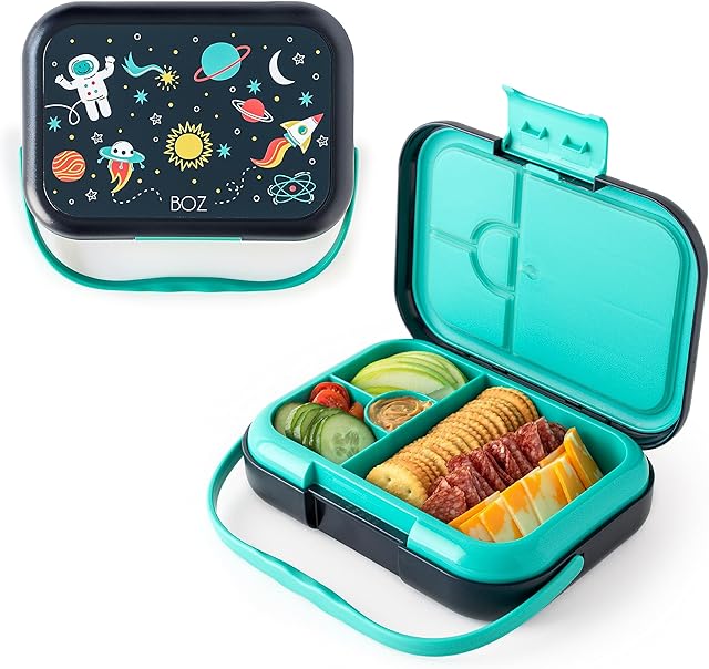 BOZ Bento Box for Kids - Kids Bento Lunch Box  Toddler Lunch Box for Daycare  Leak Proof 4 Compartments Kids Lunch Container  Dishwasher Safe Kids Bento Box  Bento Lunch Box for Kids (Space)