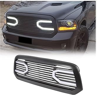 HECASA Front Big Horn Grille Replacement Shell Compatible with 2013-2018 Dodge RAM 1500 (W/Light) Black