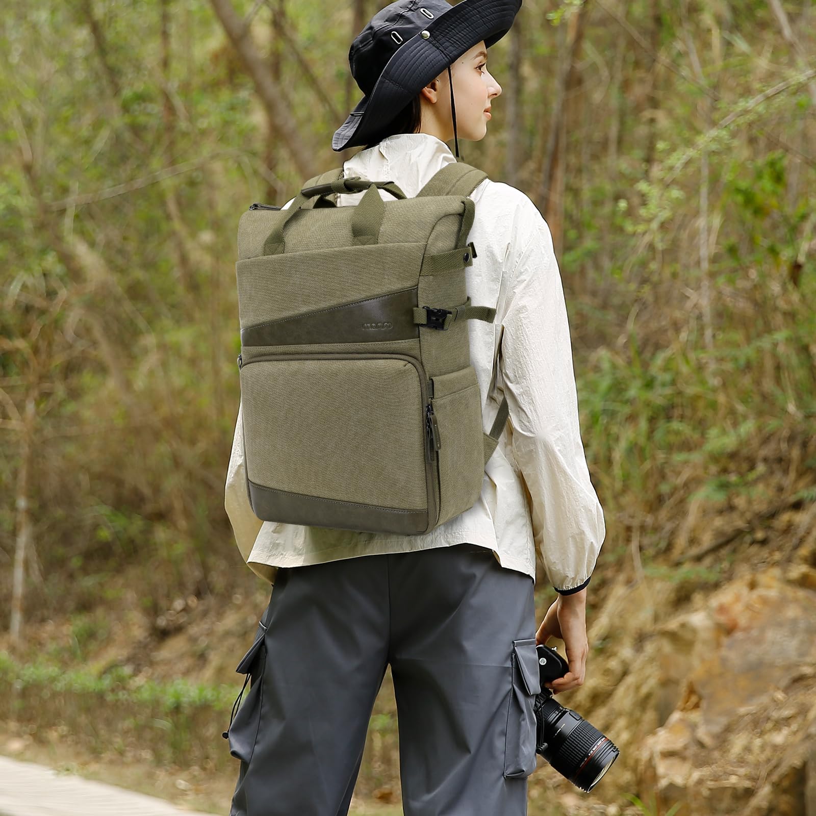 Mochila para cámara DSLR/SLR/SLR/sin espejo con soporte para trípode y compartimento para laptop de 15 a 16 pulgadas y mango de poliuretano, mochila de lona para fotografía compatible con 6
