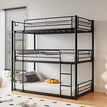 Heavy Duty Triple Bunk Bed for 3 People, Twin Over Twin Over Twin Metal Bunk Bed Frame with Ladders and Safety Guardrails, Noise Free, No Box Spring Needed, No Convertible Function, Black