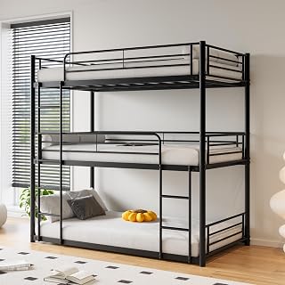 Black Metal Triple Bunk Bed,Heavy Duty Twin Over Twin Over Twin Bunkbeds with Ladder,Family-Friendly for All Ages,Bedroom,Apartments,No Box Spring Needed,Easy Assembly,Noise Free