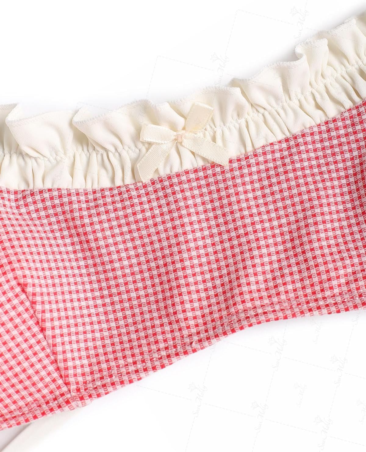 seamoly Gingham Spliced Ruched Ruffles Trim Bowknot Decor Tie Side Bikini Set - Image 6