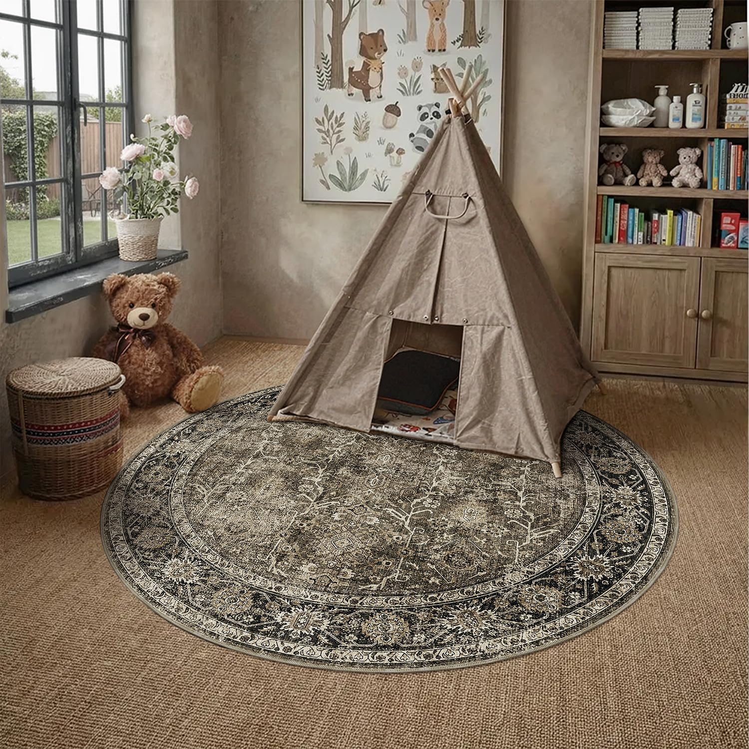 Amazon.com: PureCozy 4ft Washable Round Area Rug Brown Vintage Non