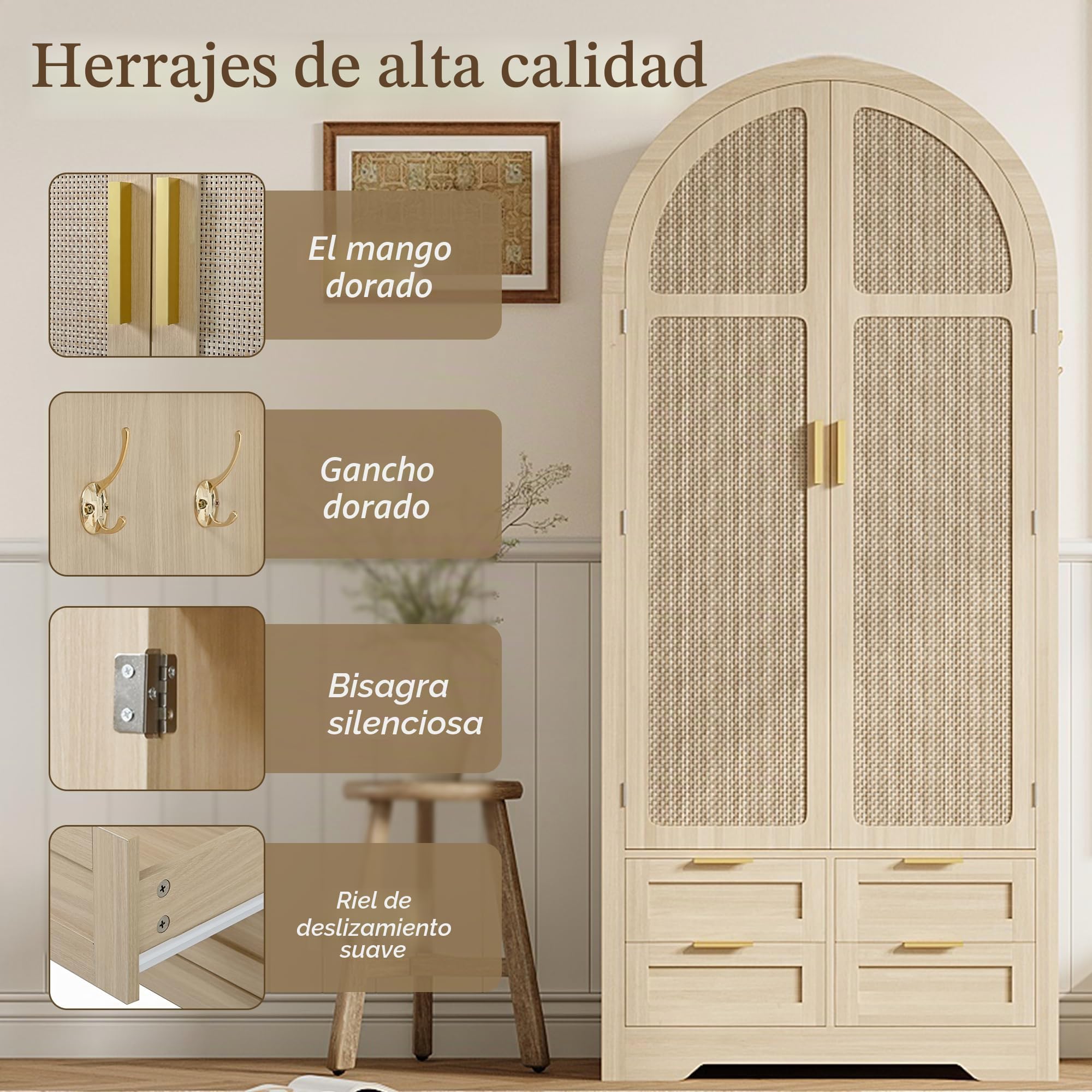 Armario con puertas curvas, amplio espacio de almacenamiento, armarios infantiles con barra para colgar ropa y cajones, compartimentos de almacenamiento de lujo, adecuado para dormitorios y áreas de
