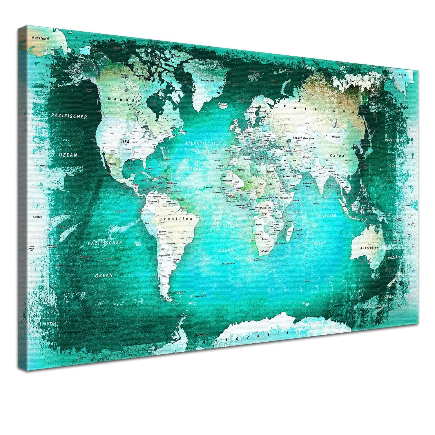 LANA KK - Premium Pinnwand Weltkarte - Türkis - Deutsch - in 100 x 70 cm, stabile Rückwand zum Pinnen inkl. Starterkit - Leinwand-Kunstdruck Wandbild Landkarte XXL