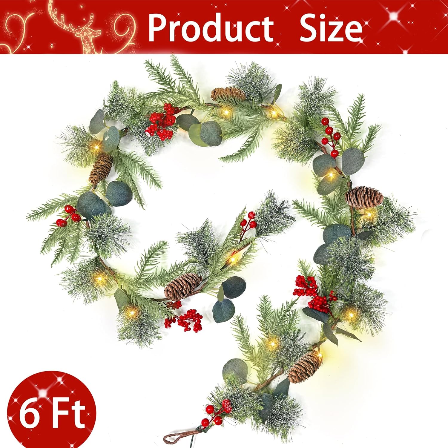 Timer - 6 Ft Snow Flocked Prelit Christmas Garland, Real Touch Cedar Garland with Lights, Red Berries & Pine Pinecones, Battery Operated Christmas Garlands for Mantel Table Stairs Holiday Decor - Image 2