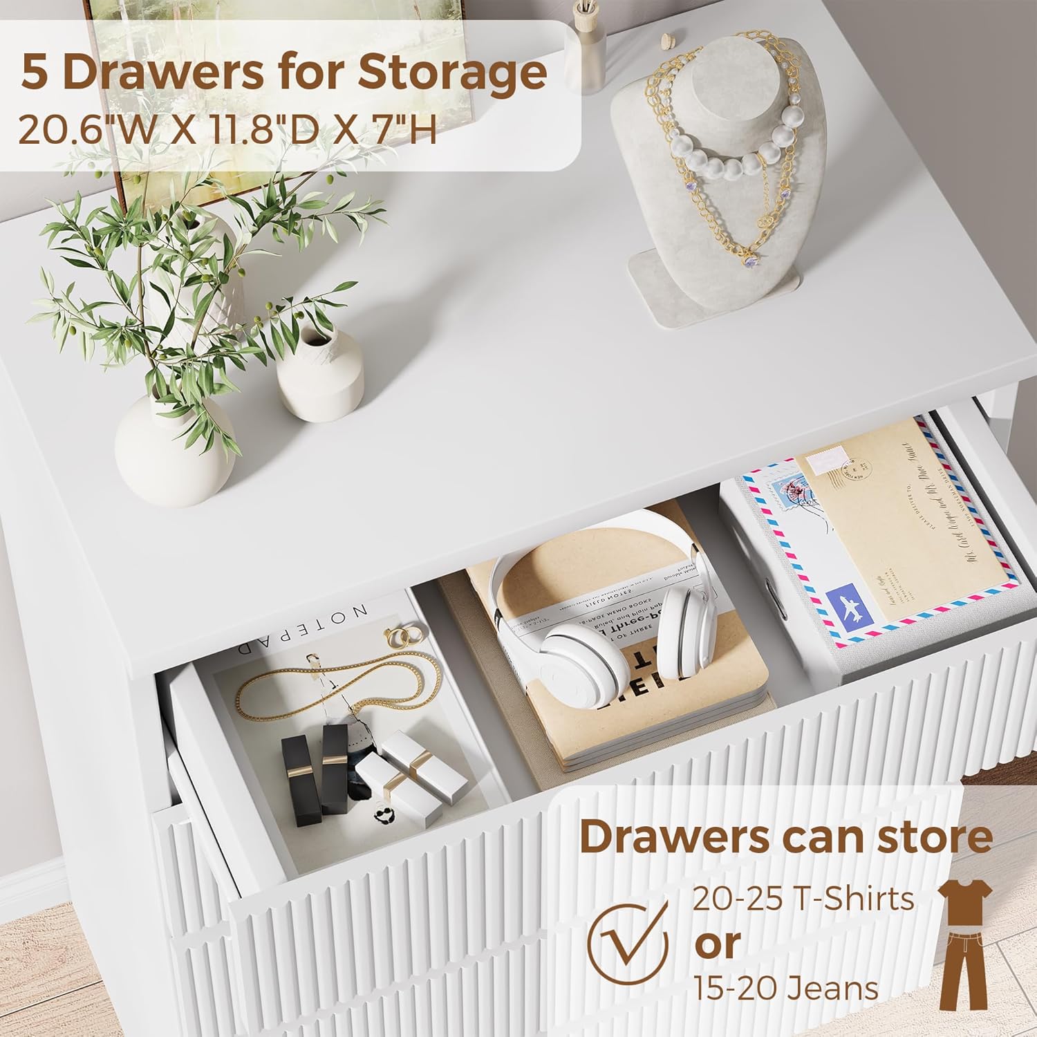 Modern 5 Drawer Dresser, 43" Tall Dressers for Bedroom, Fluted Dresser with Hidden Handle Design, Wood Mid Century Vertical Dresser Natural Texture for Bedroom, White Dresser - Image 5