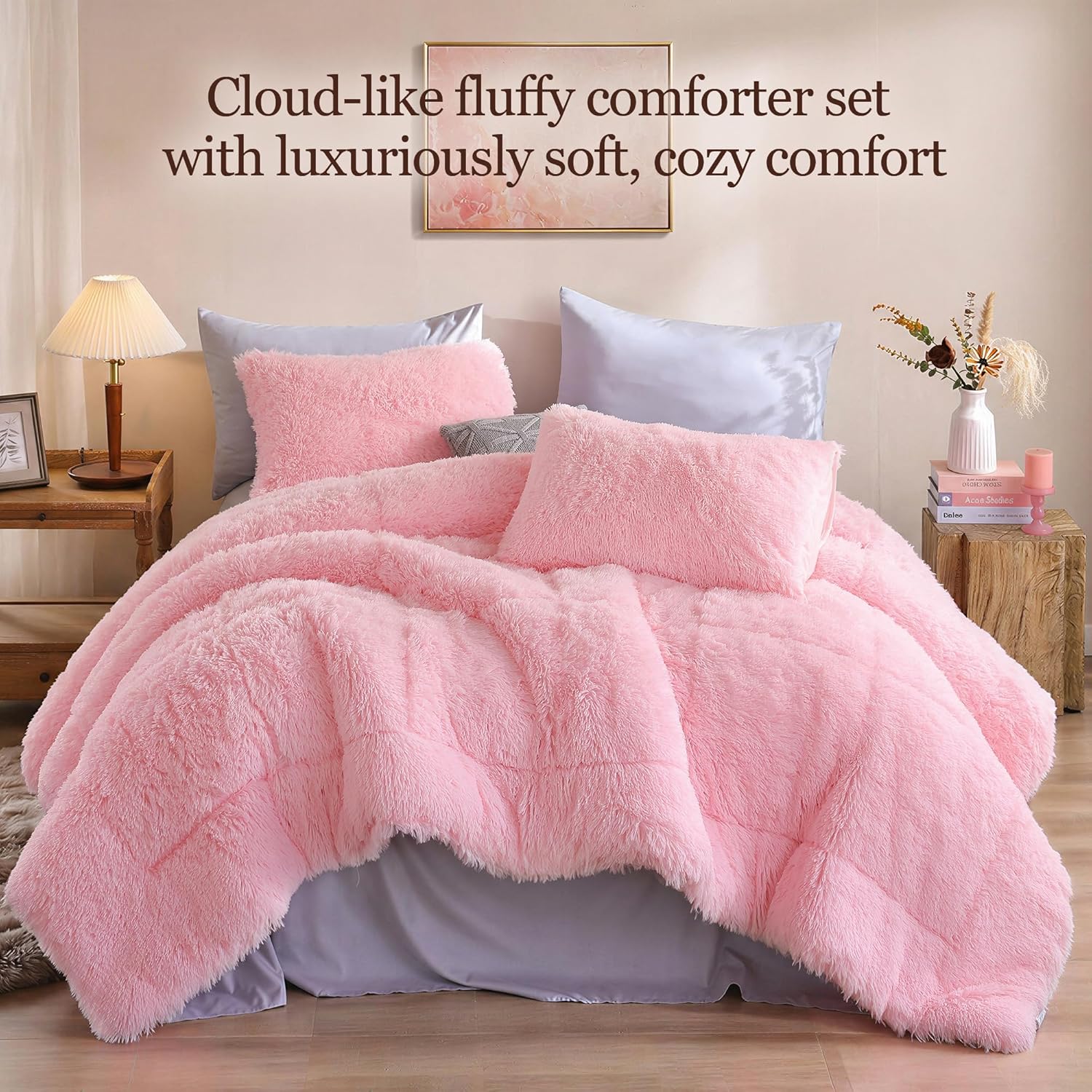 Smoofy Fluffy Full Size Comforter Set, Faux Fur Pink Comforter Set, Luxury Fuzzy Bedding Set, Soft Shaggy Full Bed Set for All Season, 3 Pieces - 1 Comforter & 2 Pillowcases