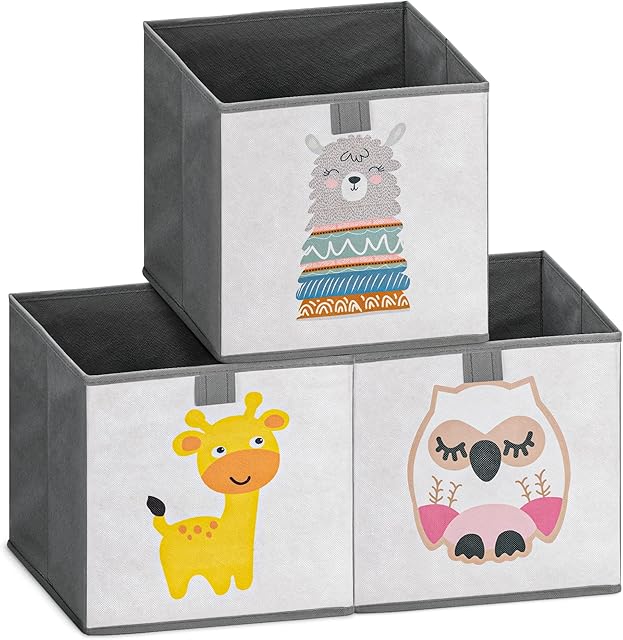 Navaris Kids Storage Cubes (Set of 3) - Storage Boxes 28x28x28 cm - Children's Organiser Cube Box Set for Toys, Bedroom - Animal Designs, Grey