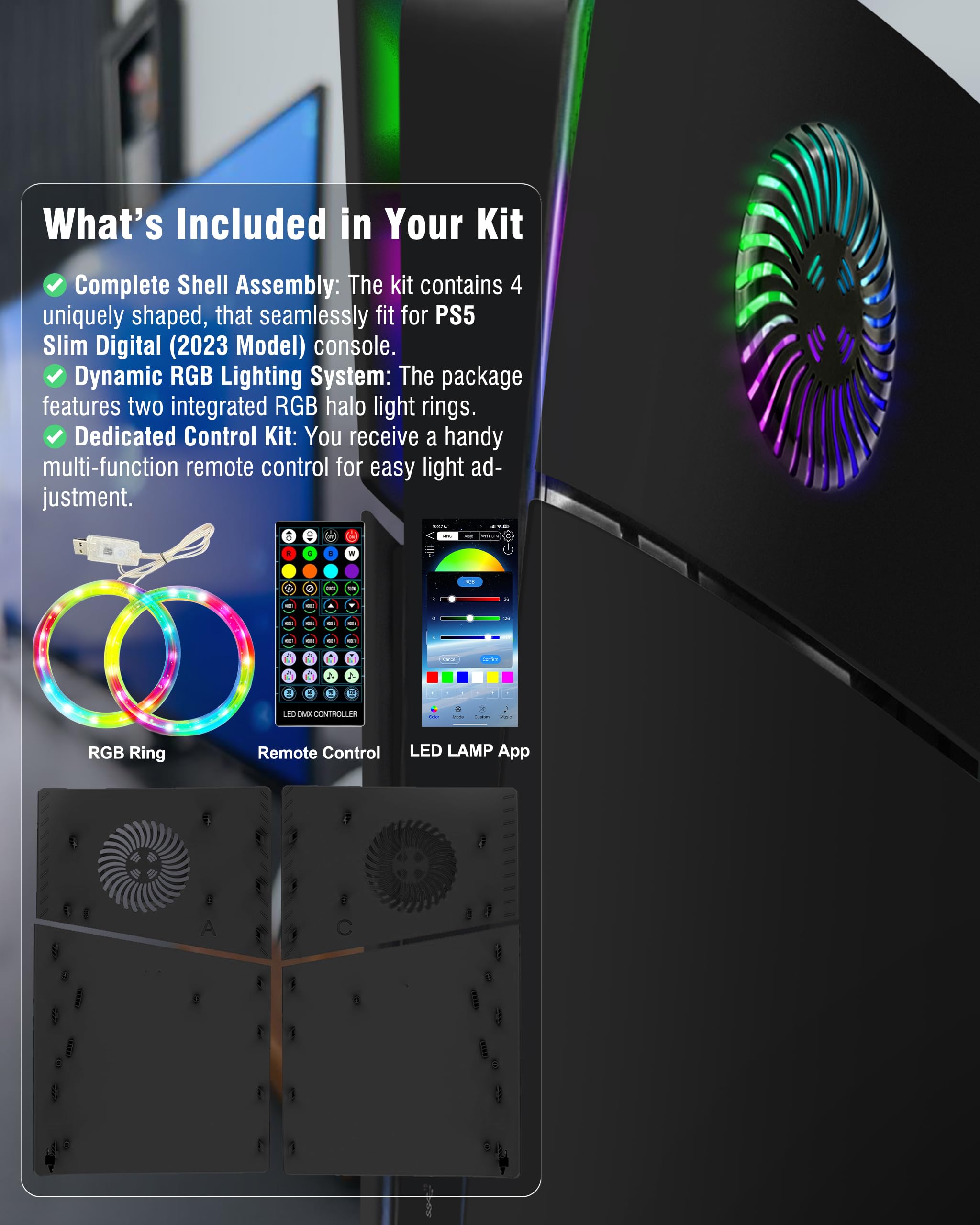 Joso Pannello frontale per PS5 Slim Digital Edition, custodia di ricambio antigraffio antipolvere con anello RGB, copertura adatta per PS5 Slim Digital Version, piastre per PS5 Slim Accessori - Nero
