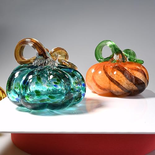 Miniatura 6 de Figuras coleccionables de calabaza de vidrio soplado a mano, 3.15 pulgadas, decoraciones de calabaza de cristal azul turquesa para cosecha de otoño,