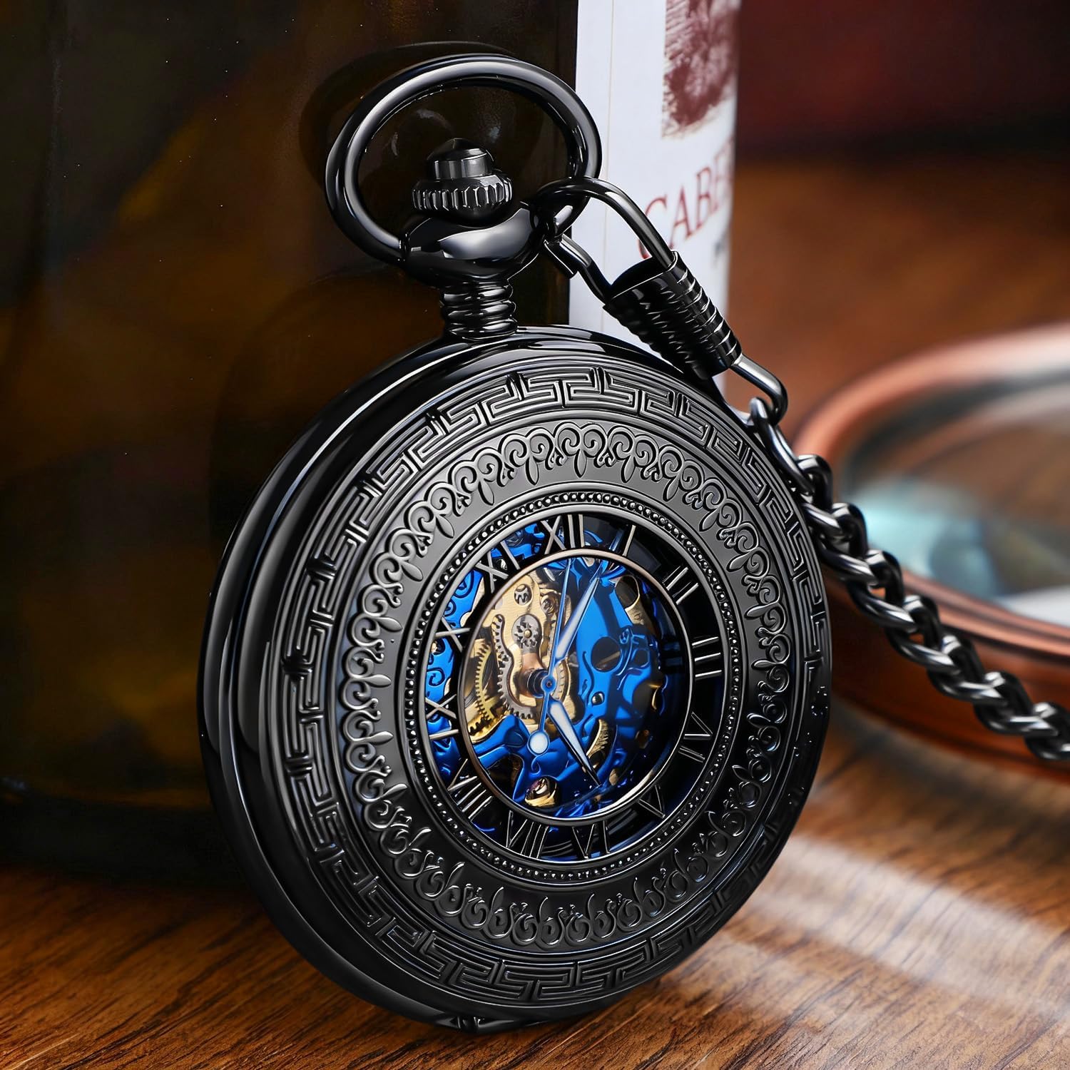 Tiong Elegante design con numeri romani neri anticati, con quadrante nero con numeri blu, adatto per orologi da tasca meccanici da uomo