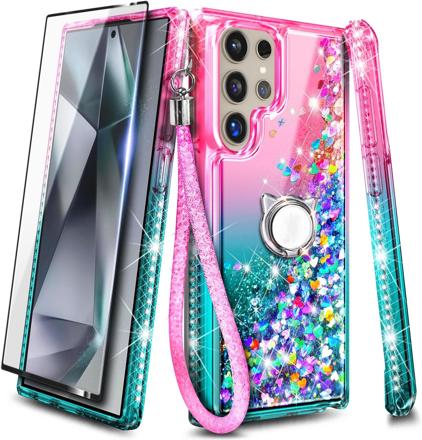 NGB Designed for Samsung Galaxy S23 Ultra Case, Pink/Aqua | Glitter Liquid Sparkle Cute Cover for Women Girls Kids | with Screen Protector & Ring Holder & Wrist Strap Lanyard - Image 9