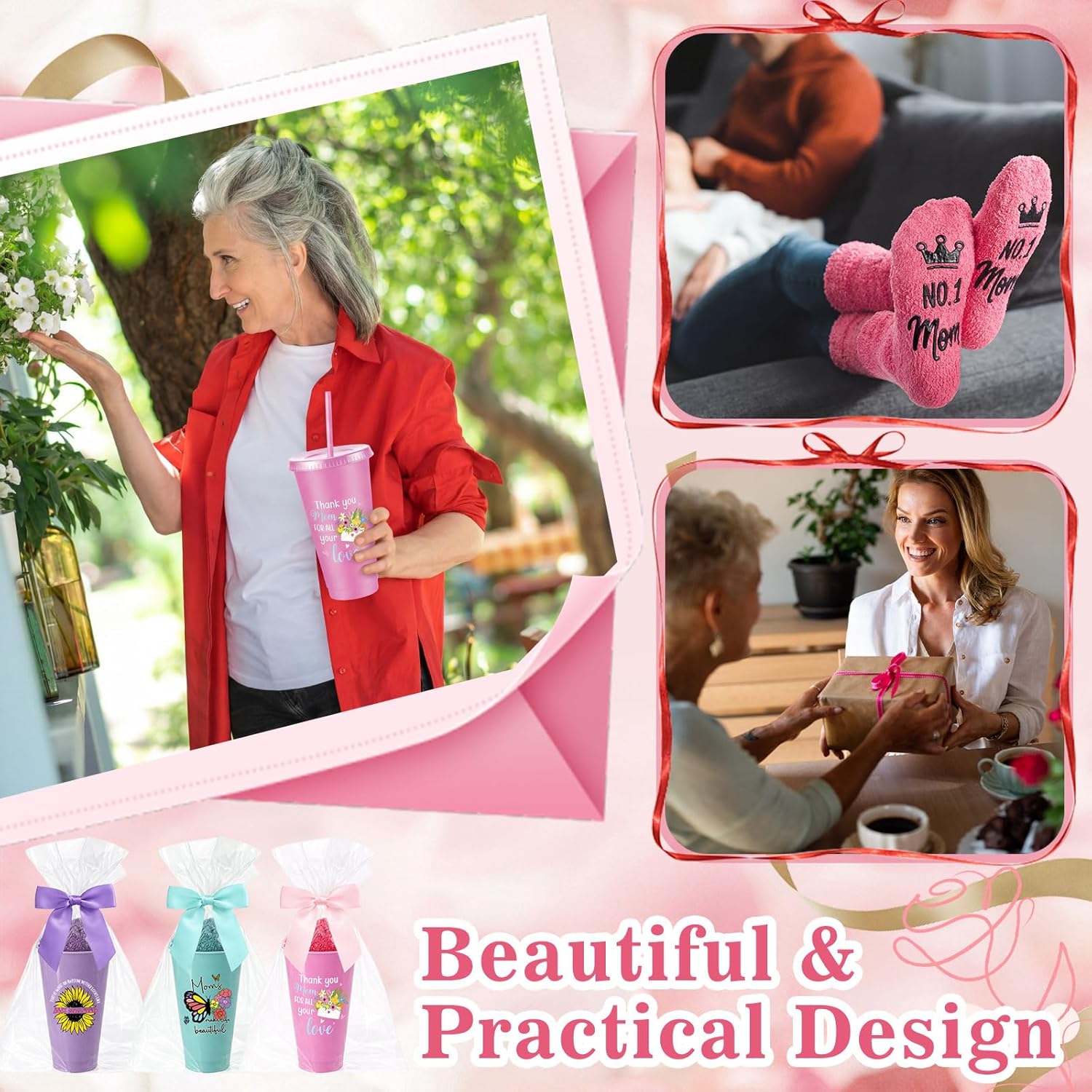 Hollowfly Mother's Gifts Bulk for Groups – 12 Sets Mom Gift with 24oz Straw Cups, Socks, Gift Bags,Bows, Classroom Office Church Bulk Gifts for Mom from Kids Student Coworker (Rainbow)